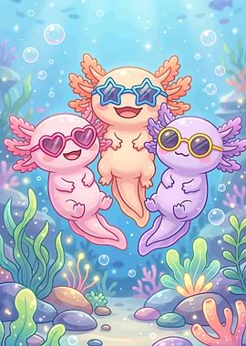 Three Cute Axolotls Wearing Sunglasses Underwater