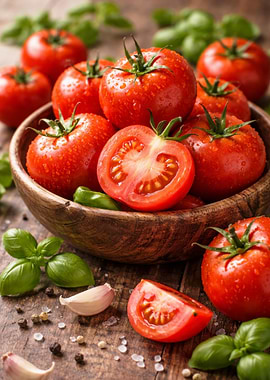Fresh Tomatoes and Basil in Bowl