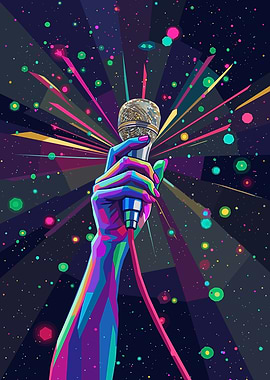 Hand Holding Microphone with Colorful Background