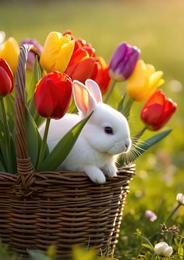 Cute Bunny in a Basket of Tulips
