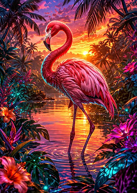 Flamingo in Tropical Sunset