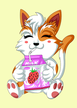 Cute Cat Drinking Strawberry Milk