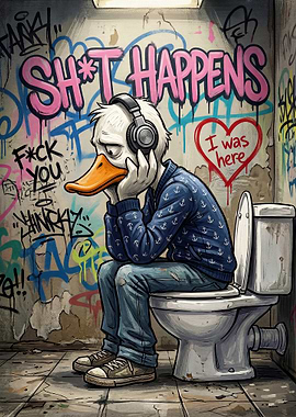 Sad Duck in Graffiti Bathroom