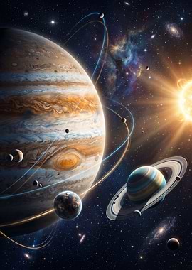 Cosmic Scene with Planets and Sun