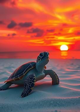 Sea Turtle on Beach at Sunset