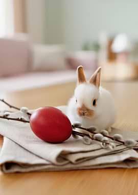 Easter Bunny with Red Egg and Pussy Willow
