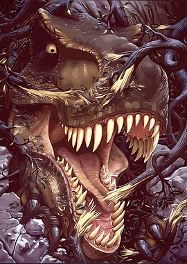 Fierce Tyrannosaurus Rex emerging from vines