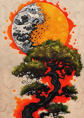 Bonsai Tree with Sun and Moon