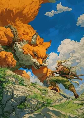 Warrior Fights Giant Fox Spirit