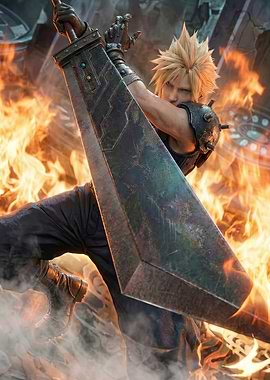 Cloud Strife with Buster Sword in Flames