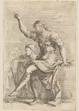 Man pointing with two figures behind