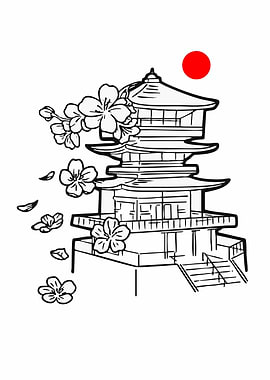 Japanese Pagoda with Cherry Blossoms