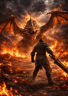 Knight vs Dragon in Fire