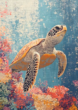 Sea Turtle Swimming Over Coral Reef