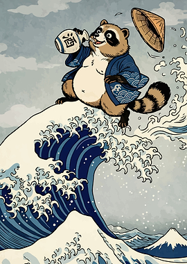 Raccoon Drinking Sake on a Wave