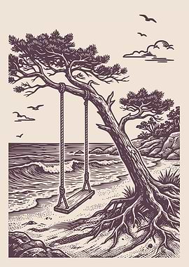 Beach Tree Swing Vintage Engraving Coastal Poster Ocean Shore Wall Art