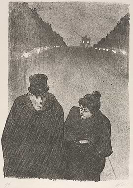Couple walking on a foggy street at night