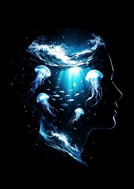 Jellyfish and Fish in Human Head Silhouette