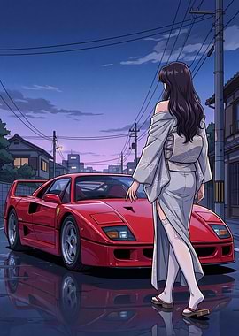Anime Kimono Girl with Red Ferrari