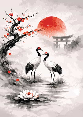 Cranes and Cherry Blossoms