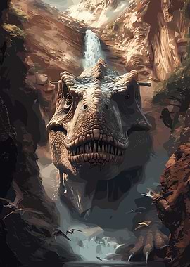 Dinosaur in a Canyon Waterfall