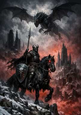 Dark Knight and Dragon in Ruined City