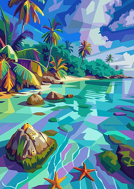 Tropical Beach with Starfish and Palm Trees