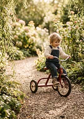 Child riding a tricycle in a garden