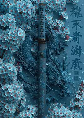 Dragon and Katana with Cherry Blossoms