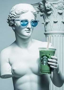 Statue with Sunglasses and Starbucks Drink