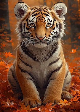 Cute Tiger Cub in Autumn Leaves