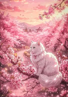 White Cat in Cherry Blossoms