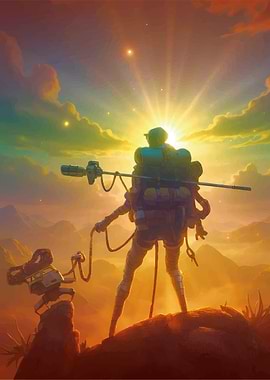 Astronaut on alien planet at sunrise