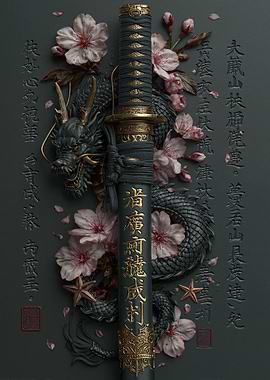 Dragon and Katana with Cherry Blossoms