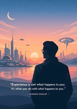 Man overlooking futuristic cityscape at sunset