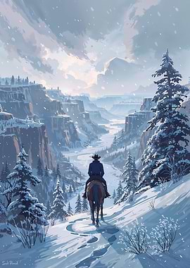 Cowboy Riding Horse in Snowy Canyon