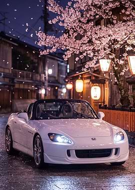 White S2000 Car Under Cherry Blossoms