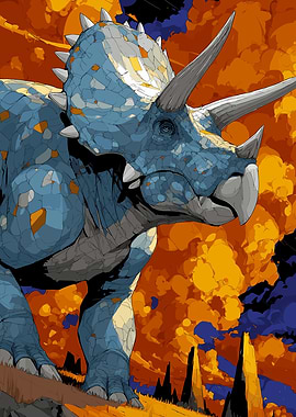 Triceratops Dinosaur in Fiery Landscape