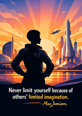 Inspirational Astronaut Silhouette with Futuristic City