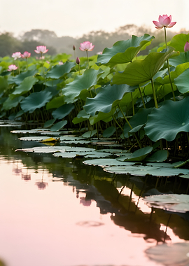 Pink Lotus Flowers in a Pond
