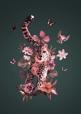 Cheetah with Flowers and Butterflies