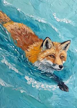 Fox Swimming in Blue Water