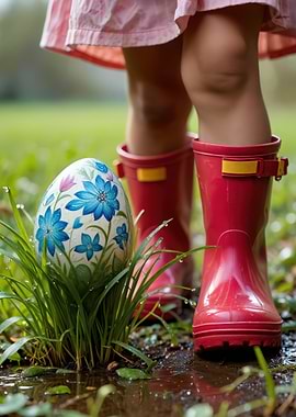Easter Egg in Grass with Child's Boots