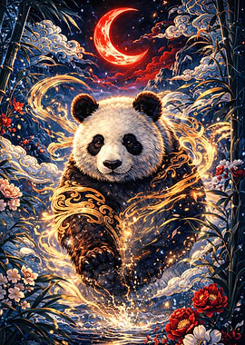 Mystical Panda Under a Blood Moon