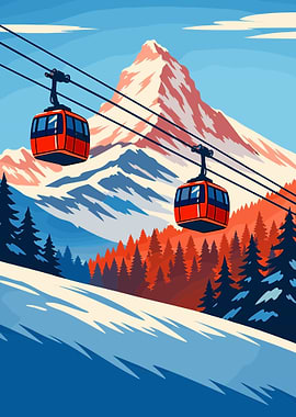 Ski Resort Cable Cars and Mountains