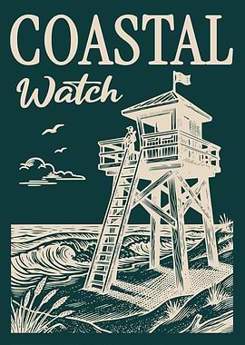 Lifeguard Tower Beach Waves Vintage Engraving Coastal Poster Ocean Watchtower Wall Art