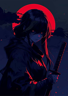 Anime Samurai with Red Moon