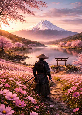 Samurai in Cherry Blossom Landscape