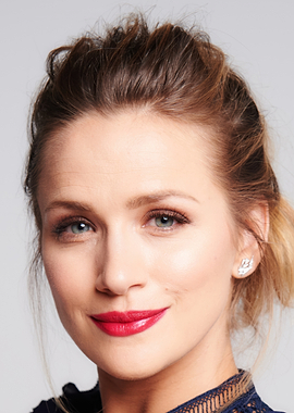 Shantel VanSanten with red lipstick and earrings