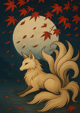 Nine-Tailed Fox Under a Full Moon